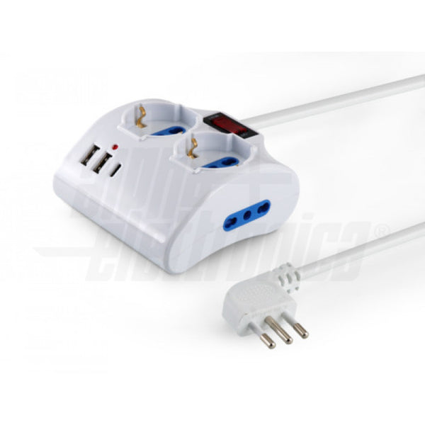 Multipresa da tavolo con 2 prese Universali Italia P40 e 1 Italia bipasso 10/16A - Interruttore - Cavo 1,5m - Spina 10A a 90° - 2 USB A e 1 USB C - Protezione sovraccarico - Bianca